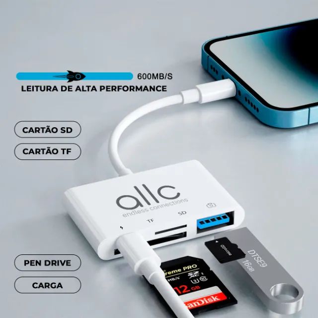 Adaptador Lightning 4 em 1 - Usb Otg Leitor de Cartão SD Micro SD e Carga para iPhone iPad - Foto 2