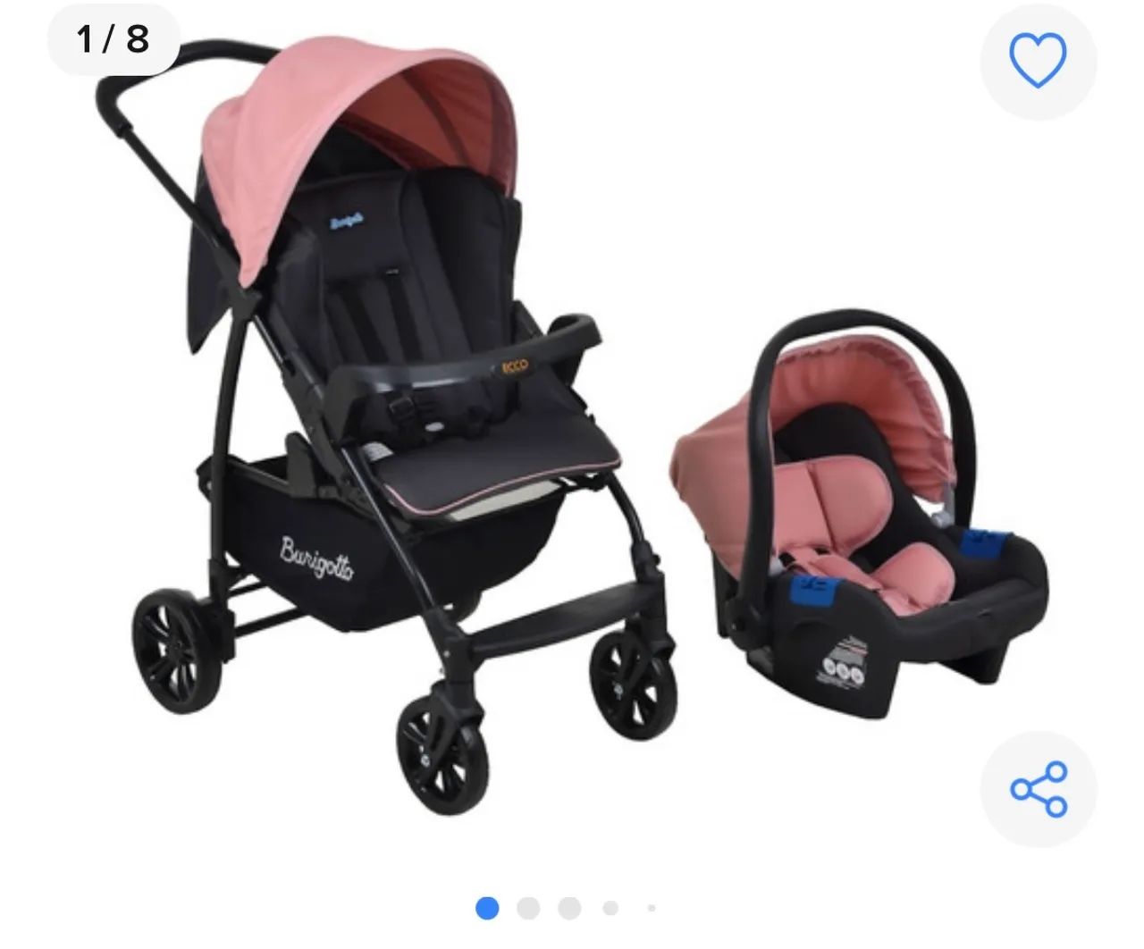 Carrinho de Bebê Ecco Preto e Rosa com Bebê Conforto - Burigotto - Foto 2