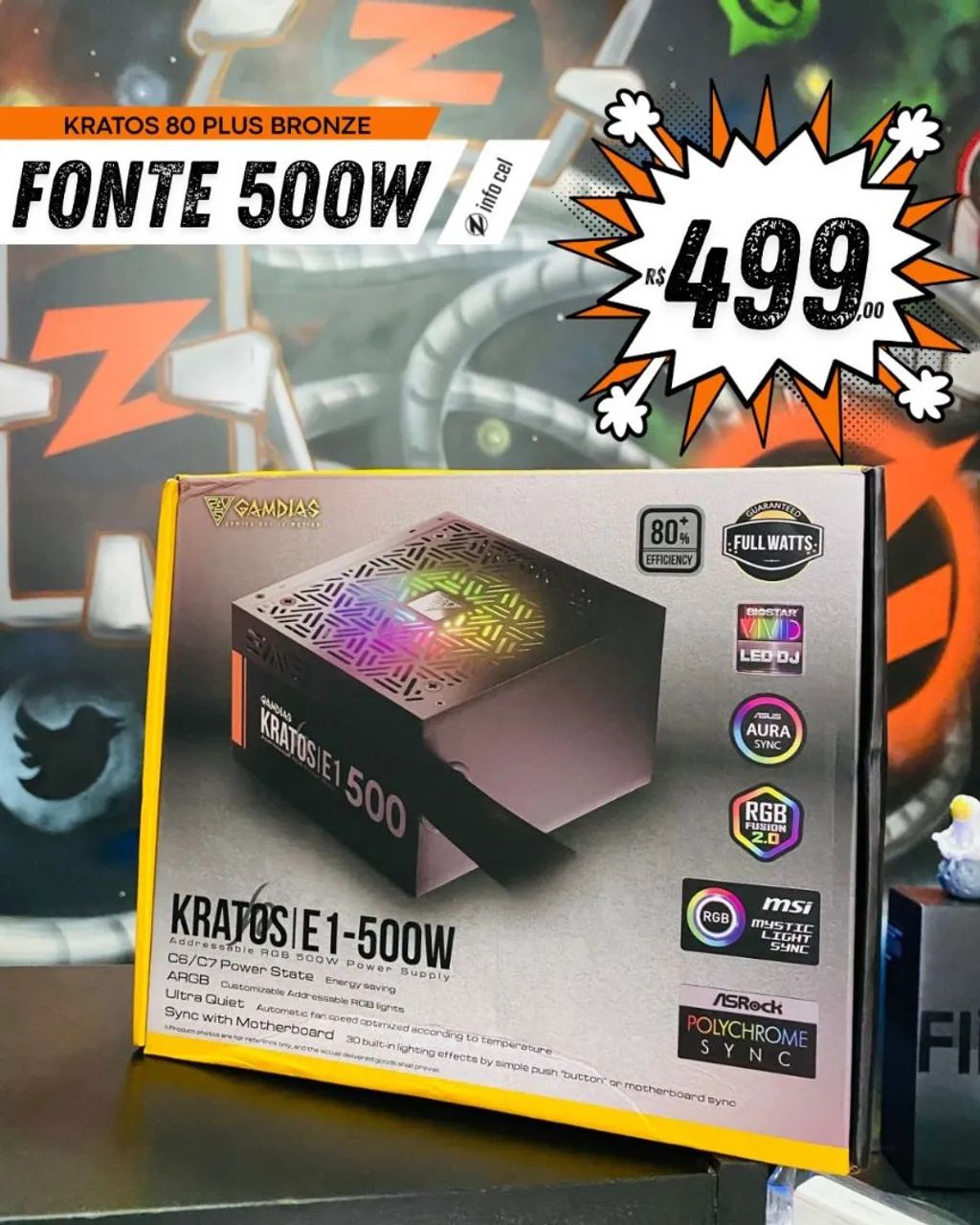 Fonte GAMDIAS KRATOS E1-500W 80 Plus Bronze - 500W