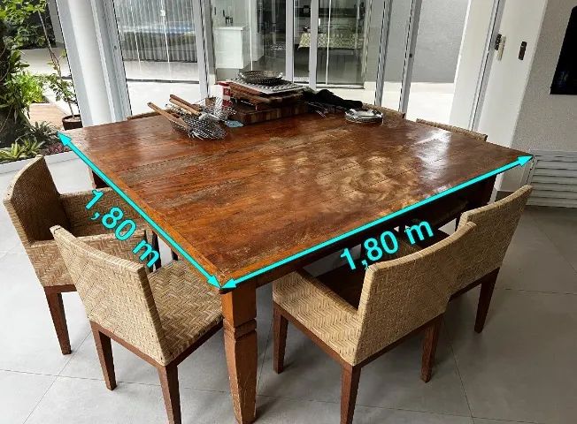 Mesa de Jantar Quadrada de Madeira de Demolição Maciça Ideal Área Gourmet Churrasqueira