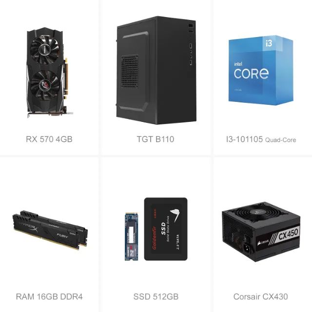CPU Gamer RX 570 4GB, I3-10105 Quad-Core, 16GB de RAM DDR4, SSD de 512GB, Corsair CX450