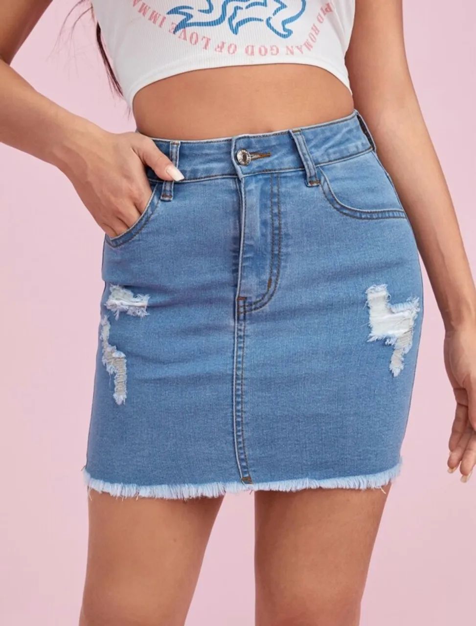Saia Jeans SHEIN Petite com Detalhes Destroyed 85% algodão  - Foto 3