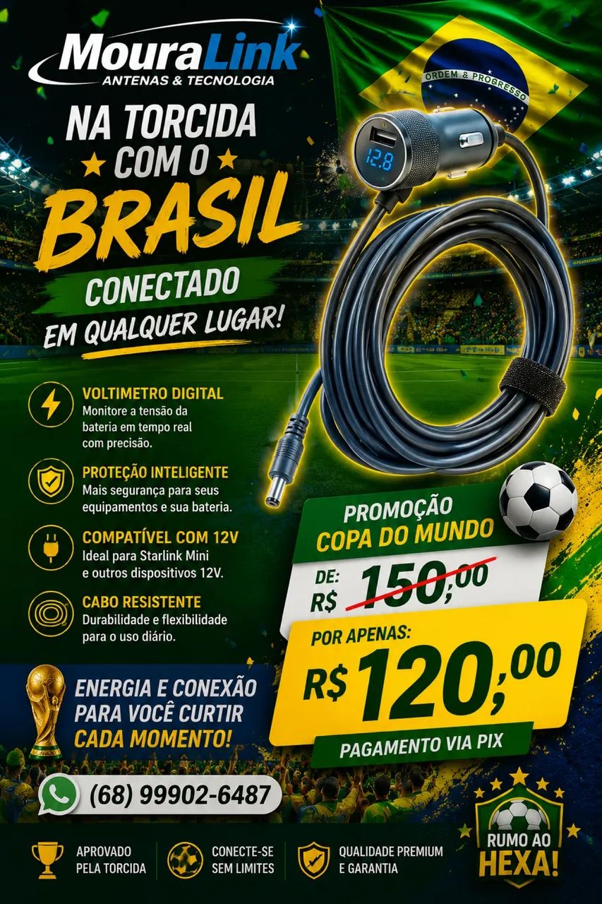 Cabo 12v com voltímetro para starlink 
