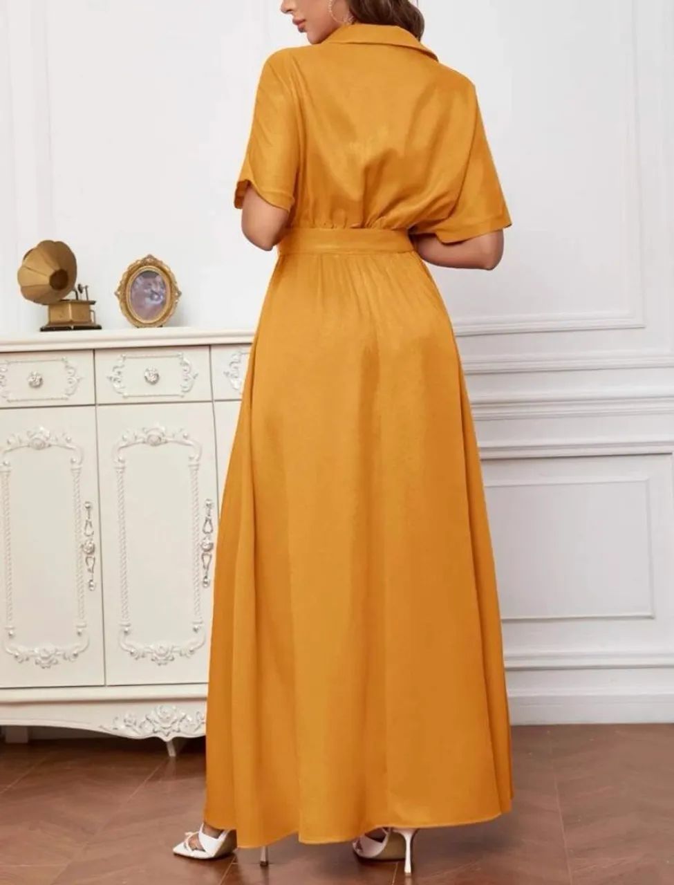 vestido longo maxxi amarelo mostarda bolso - Foto 2