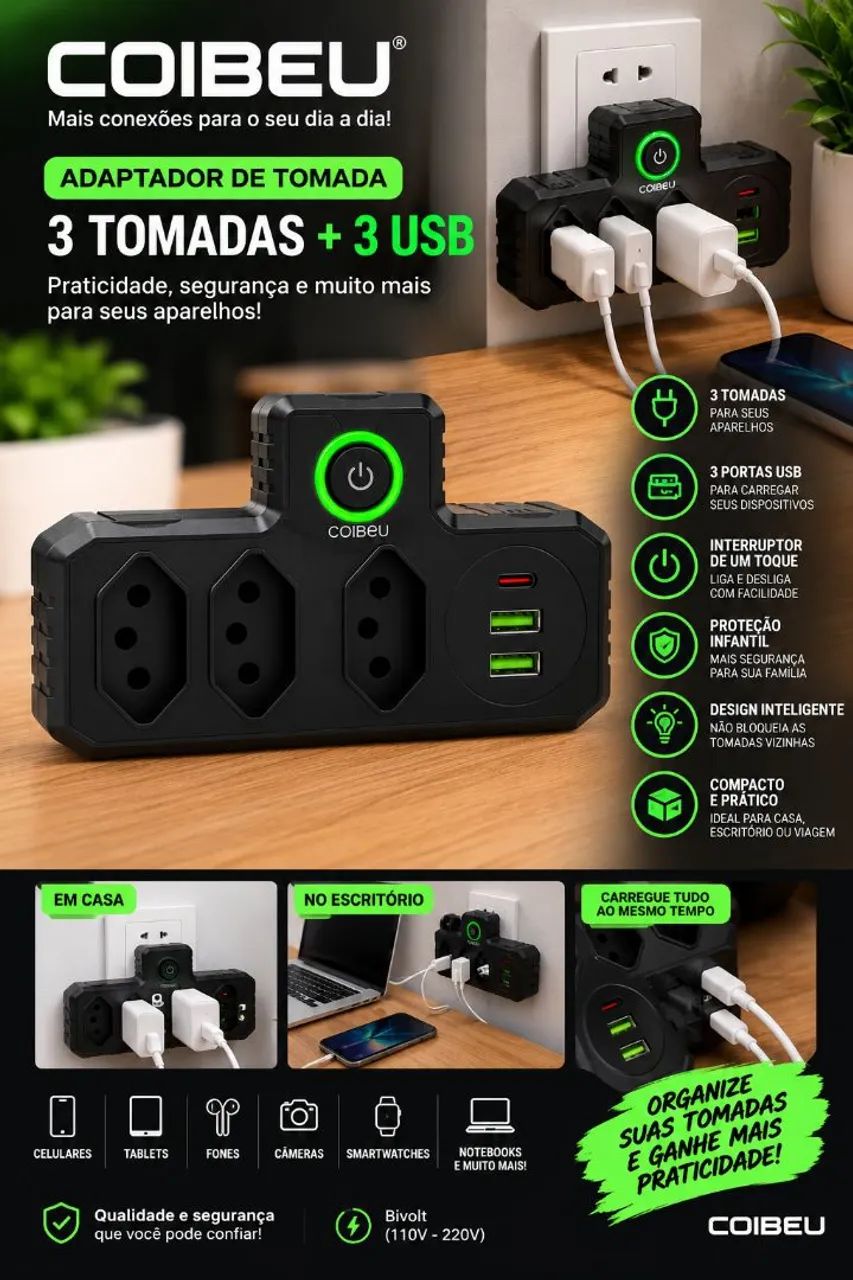Adaptador de tomada COIBEU com USB e USB-C