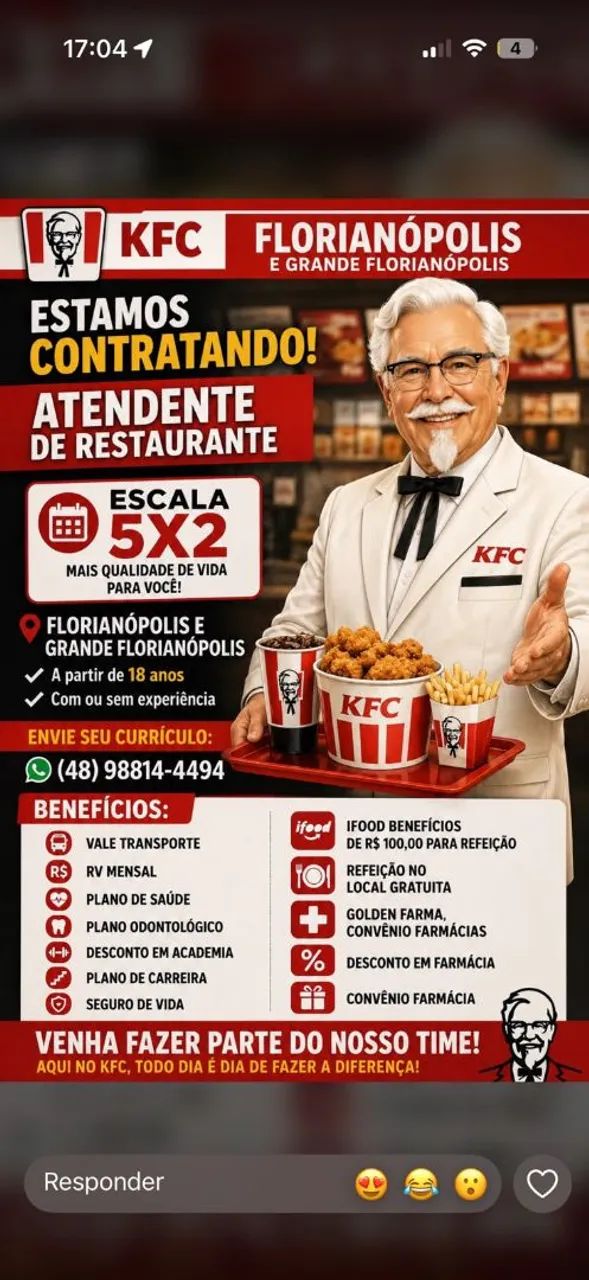 Vaga operador de Loja KFC 