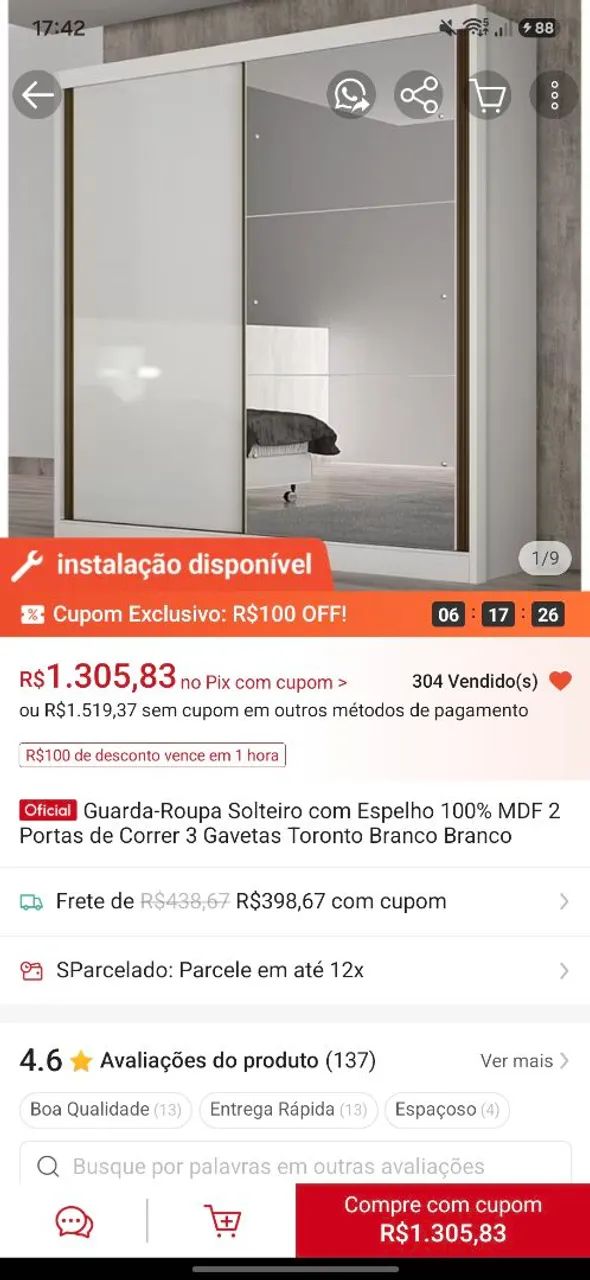 Guarda roupa branco 100% MDF com espelho - Foto 3