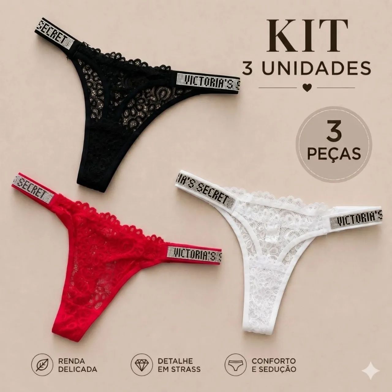 ? Kit 3 Calcinhas Fio Dental de Renda - Estilo Luxo - Foto 4