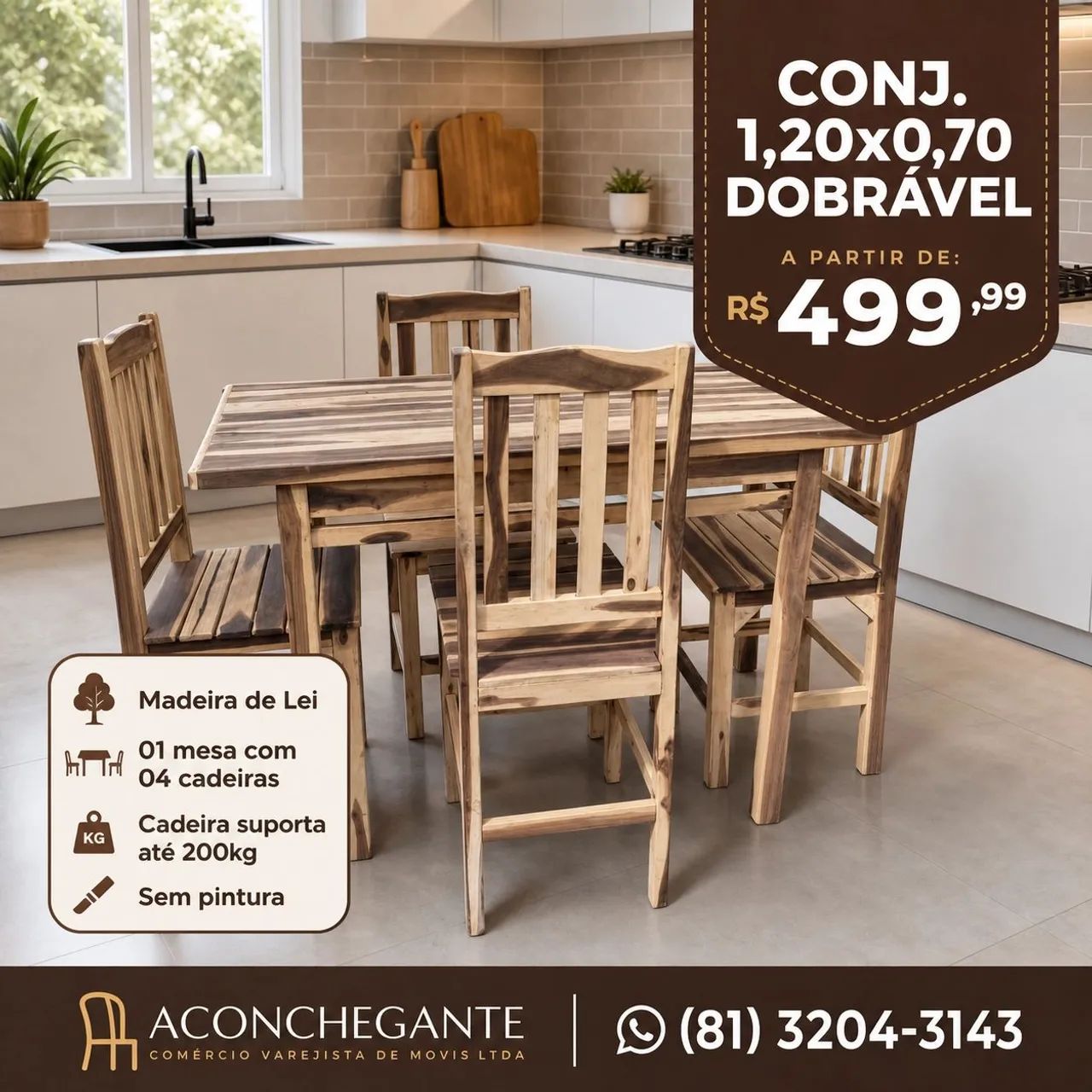 Mesa e cadeiras de madeira de lei 