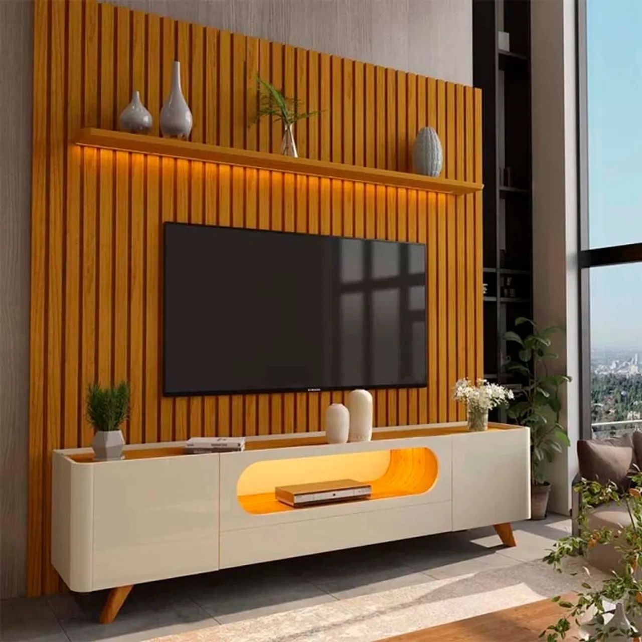 Rack Bancada Nobre + Painel Nobre Larg. 2.30m Ripado 100% MDF C/LED rf76