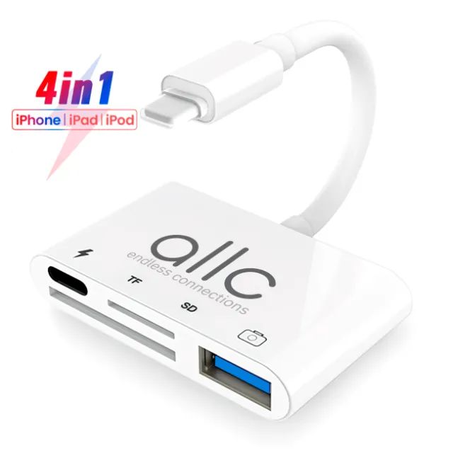Adaptador Lightning 4 em 1 - Usb Otg Leitor de Cartão SD Micro SD e Carga para iPhone iPad