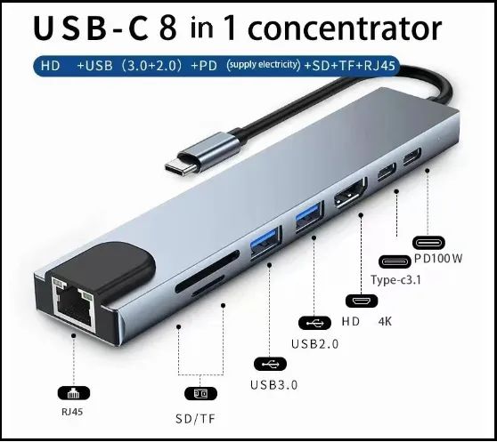 Adaptador Hub USB Tipo C para Macbook, Notebook, 8 em 1