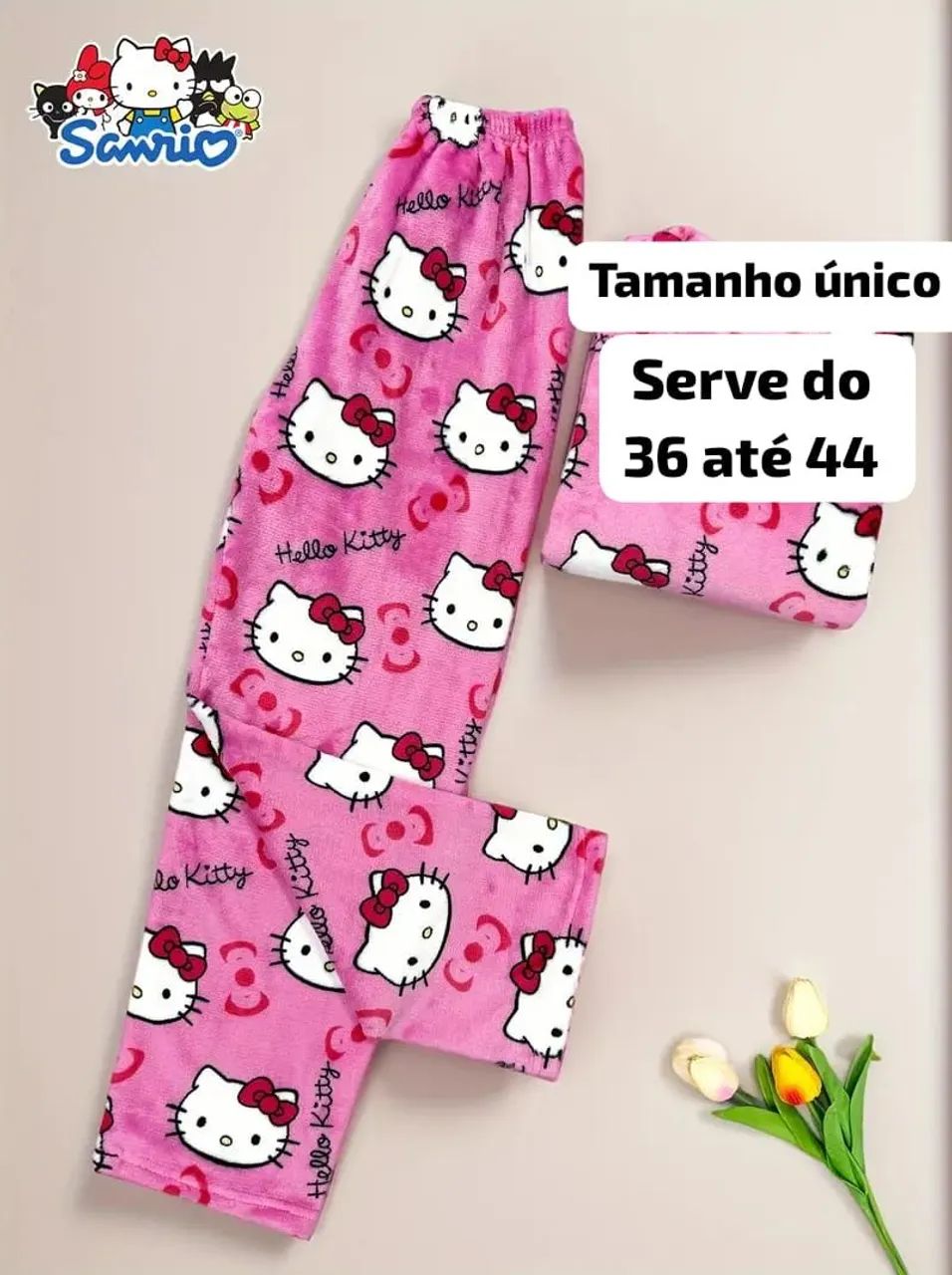Calça pantalona Hello Kitty pelúcia 