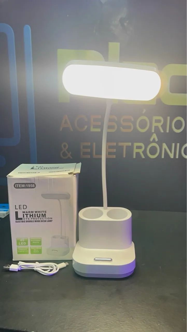 Luminaria mesa led articulada Sem Fio recarregável Suporte celular porta lápis USB - Foto 4
