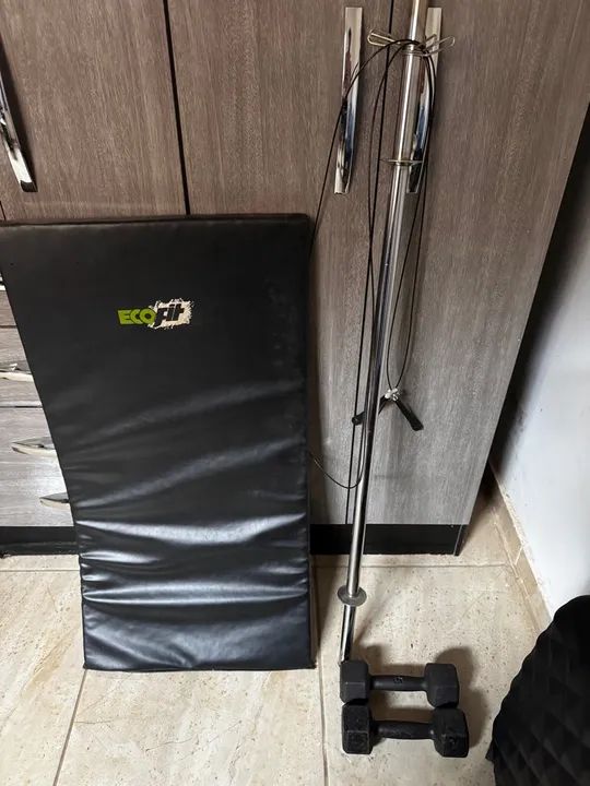 Kit Academia Completo - Barra, Halteres e Colchonete corda de crosfit