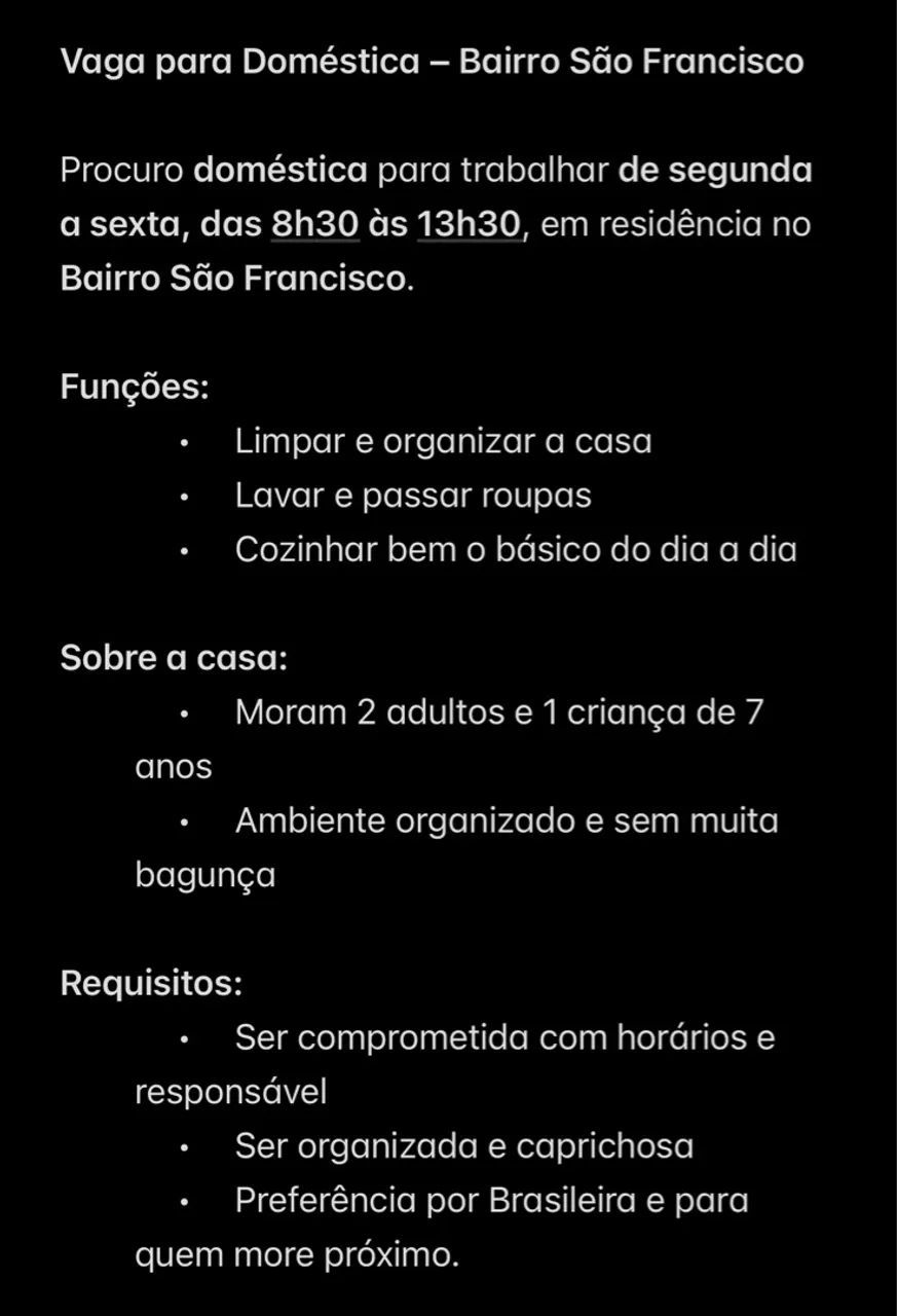 VAGA DOMESTICA SÃO FRANCISCO 