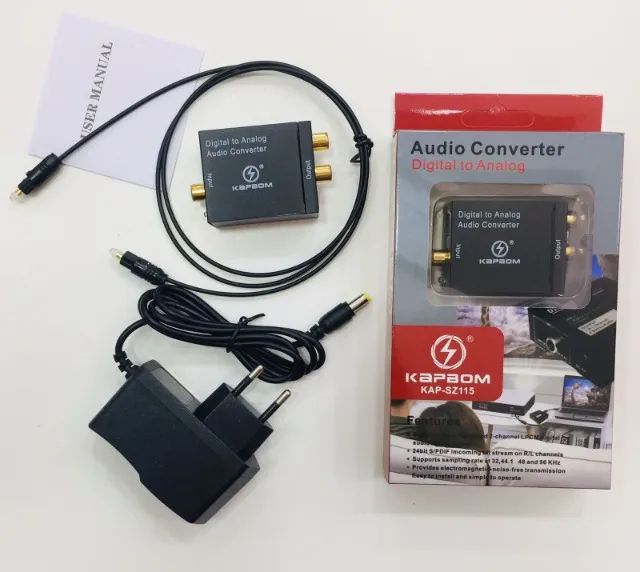 Conversor de Áudio Digital para Analógico Kit Com Cabo optico e Fonte de Alimentação