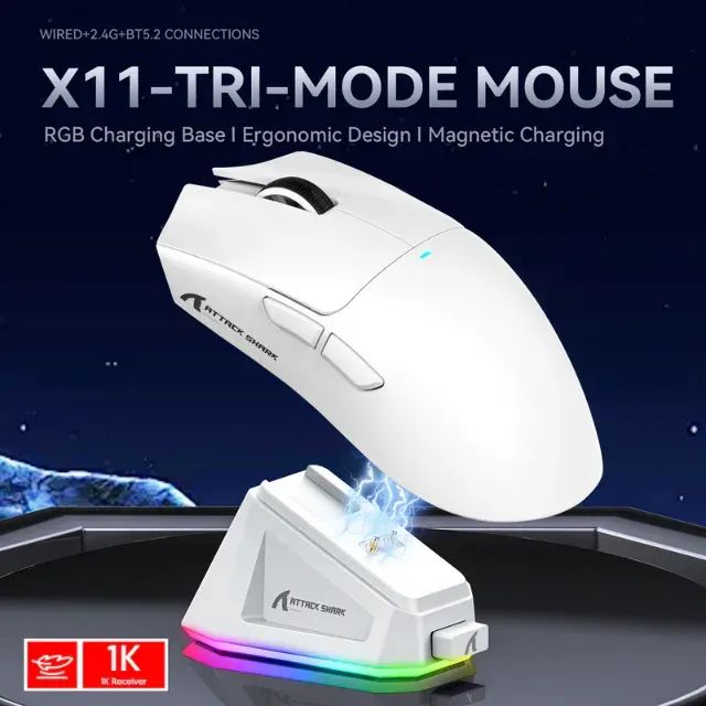 Mouse Attack Shark X11 Sem Fio + Base de Carregamento, Tri-Mode, PAW3311, Branco - [Novo] 