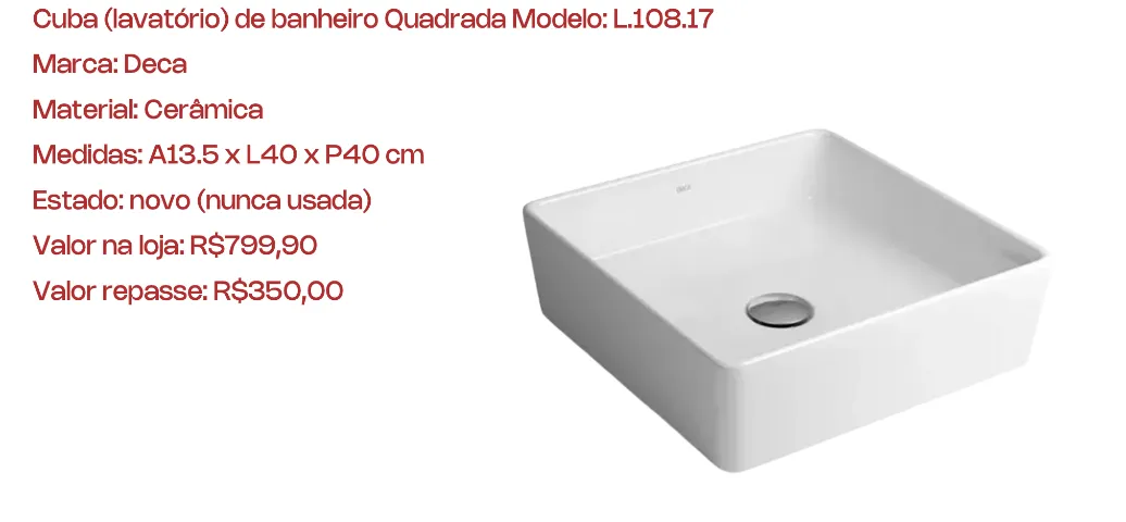 Cuba (lavatório) de banheiro Quadrada Modelo: L.108.17