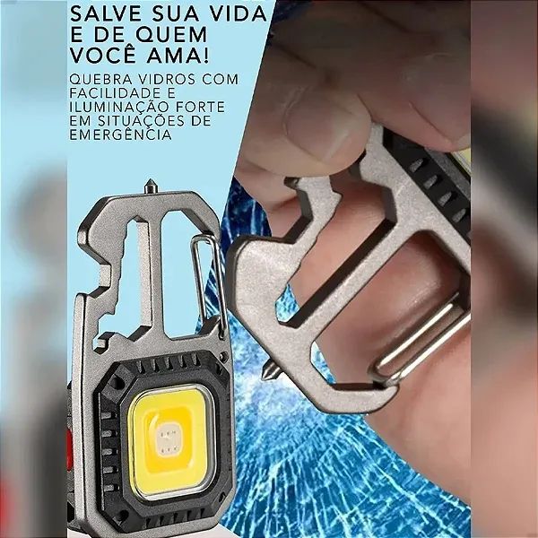 Mini Lanterna Chaveiro COB Multifuncional Abridor Quebra-Vidro USB 800mAh - Lelong - Foto 5