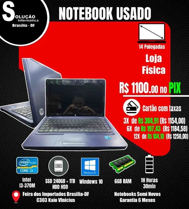 Notebook HP Intel Core I3-M370 6GB RAM SSD 240GB + 1TB HDD Windows 10 14* Polegadas