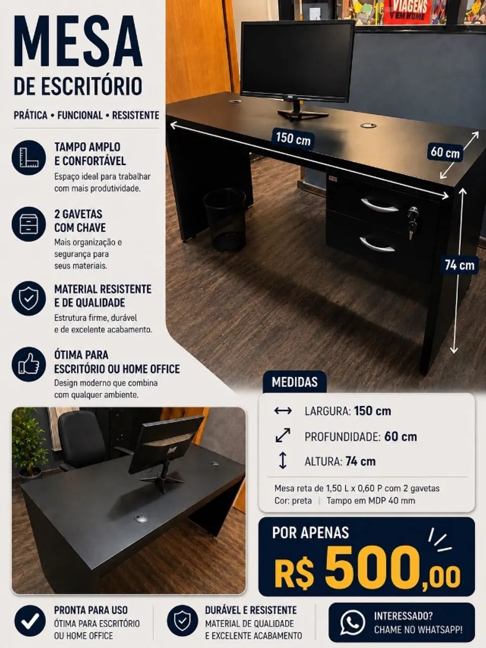 Mesa grande de escritório semi-nova