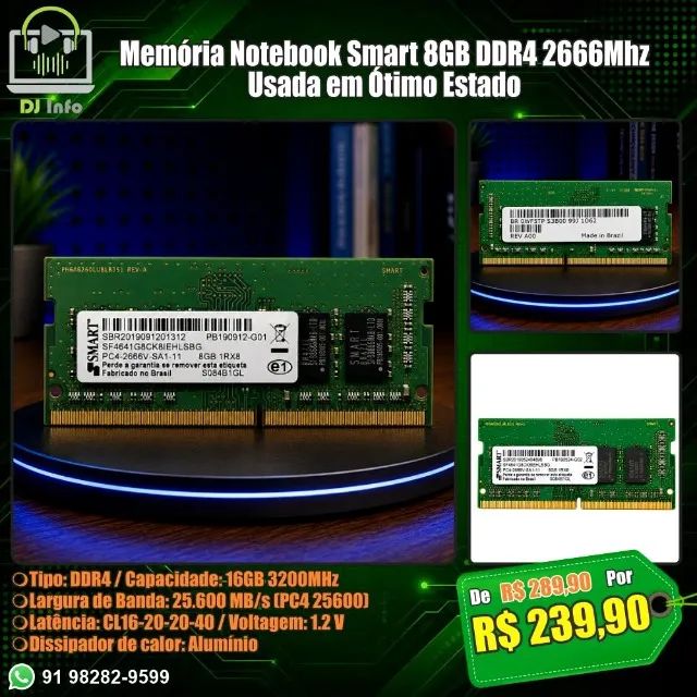 Memória Notebook Smart 8GB DDR4 2666Mhz Usada em Ótimo Estado