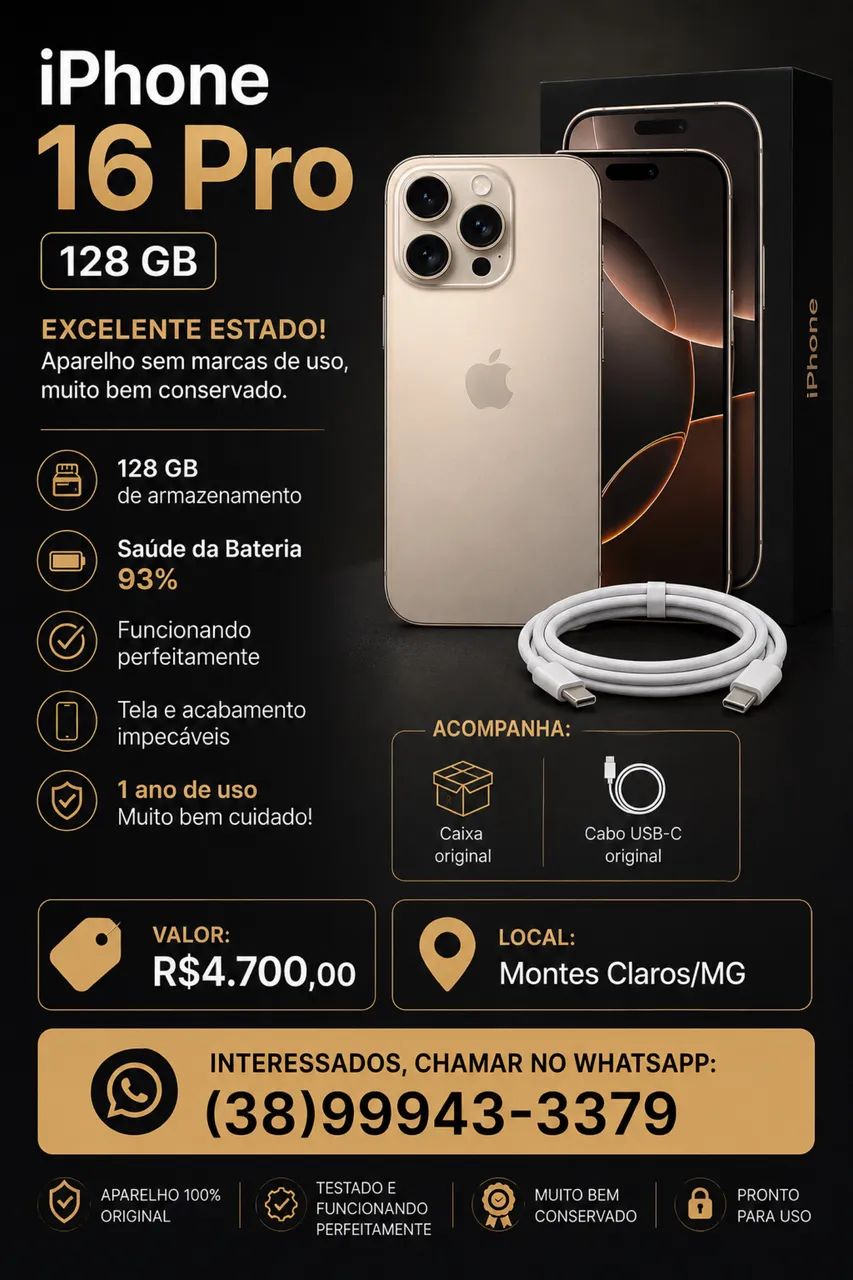 IPHONE 16 PRO - 128 GB - IMPECÁVEL  - Foto 4