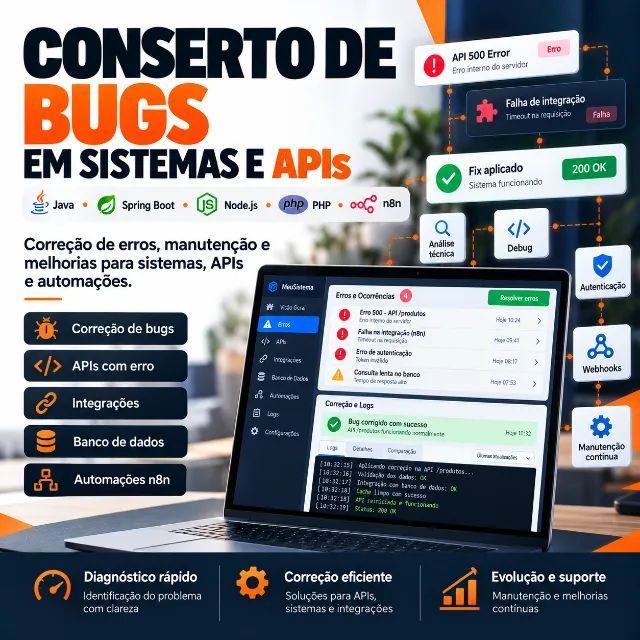 Programador para Corrigir Bugs, APIs e Sistemas | Java Node PHP