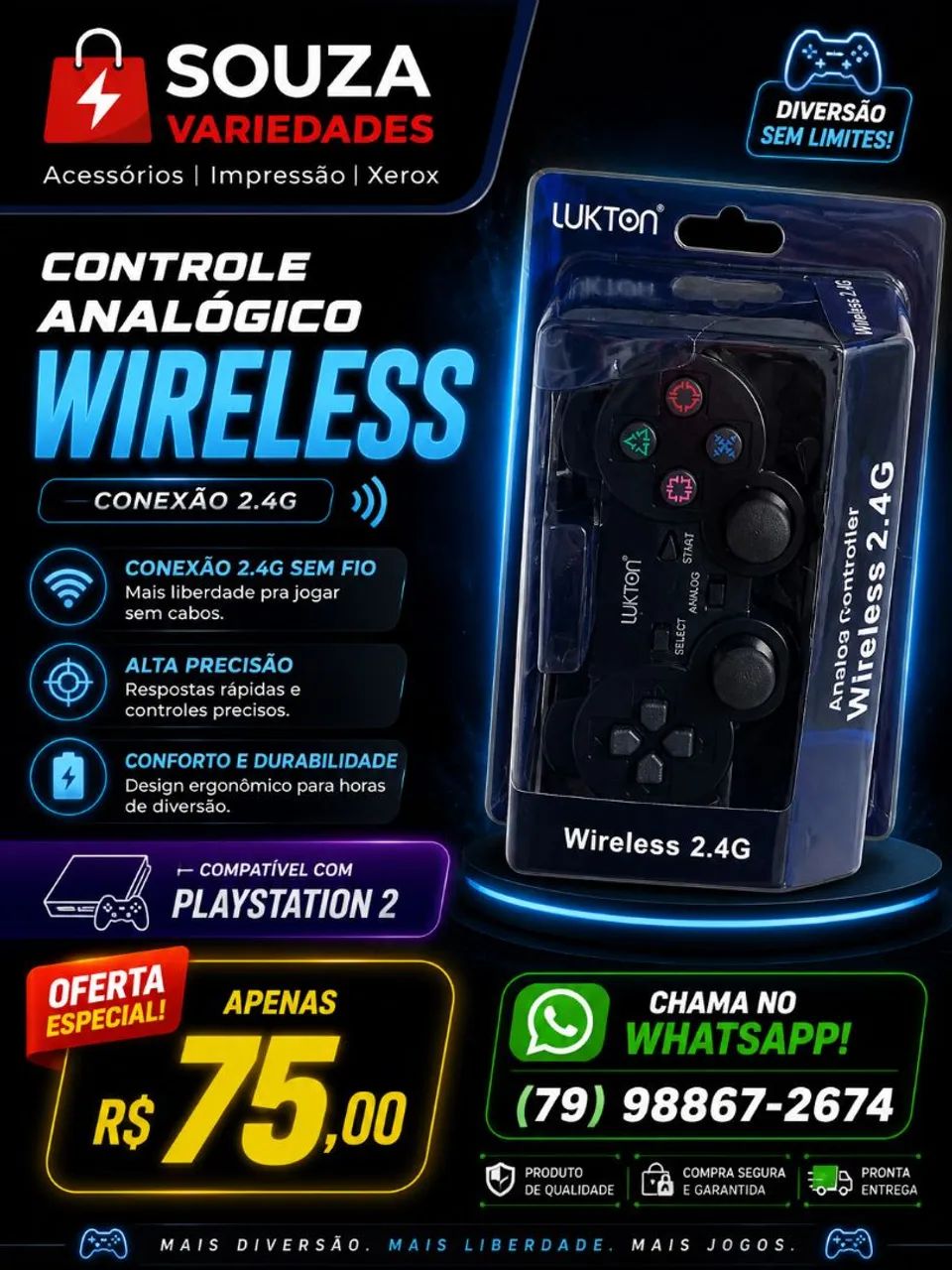 Controle para PS2 Wireless 2.4G Lukton
