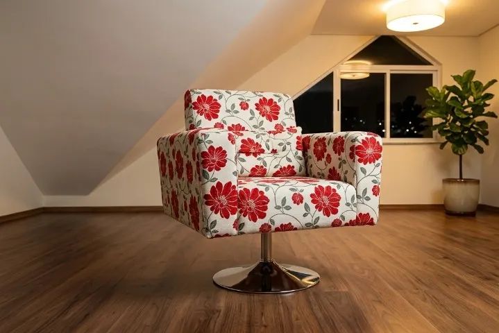 Poltrona Giratória Floral Vermelha com Base Cromada
