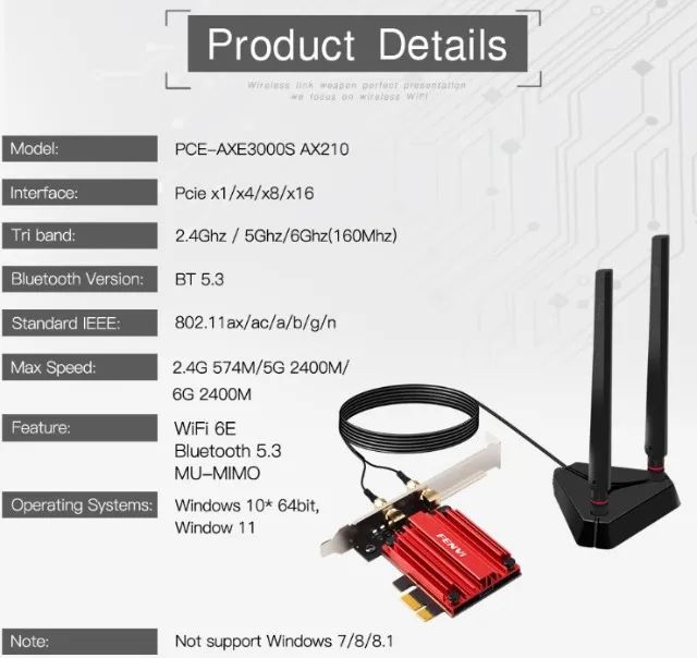 Adaptador Placa Pcie Wifi 6e Bluetooth 5.3 Fenvi Axe3000 Pro - Foto 2