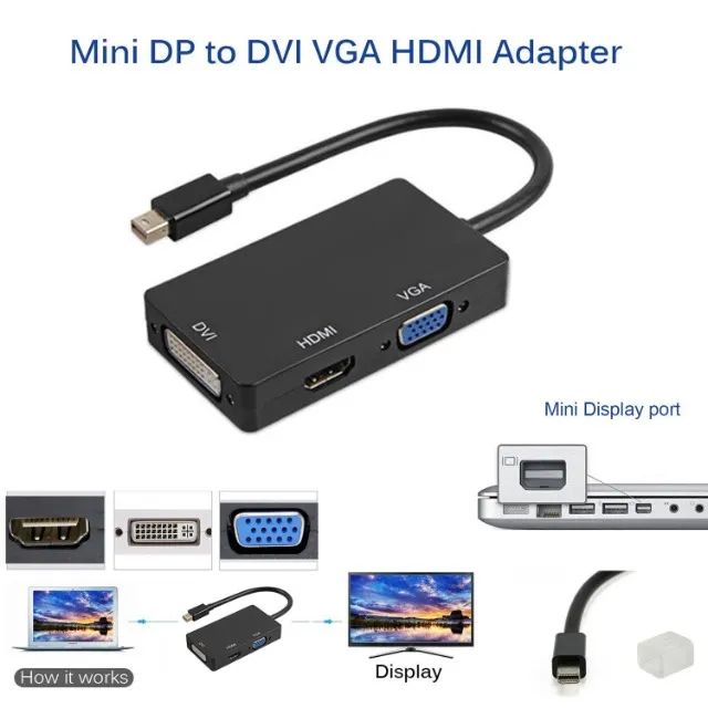 Conversor Mini Displayport thunderbolt Para Dvi Vga Hdmi Mac Book 3x1 - Foto 4