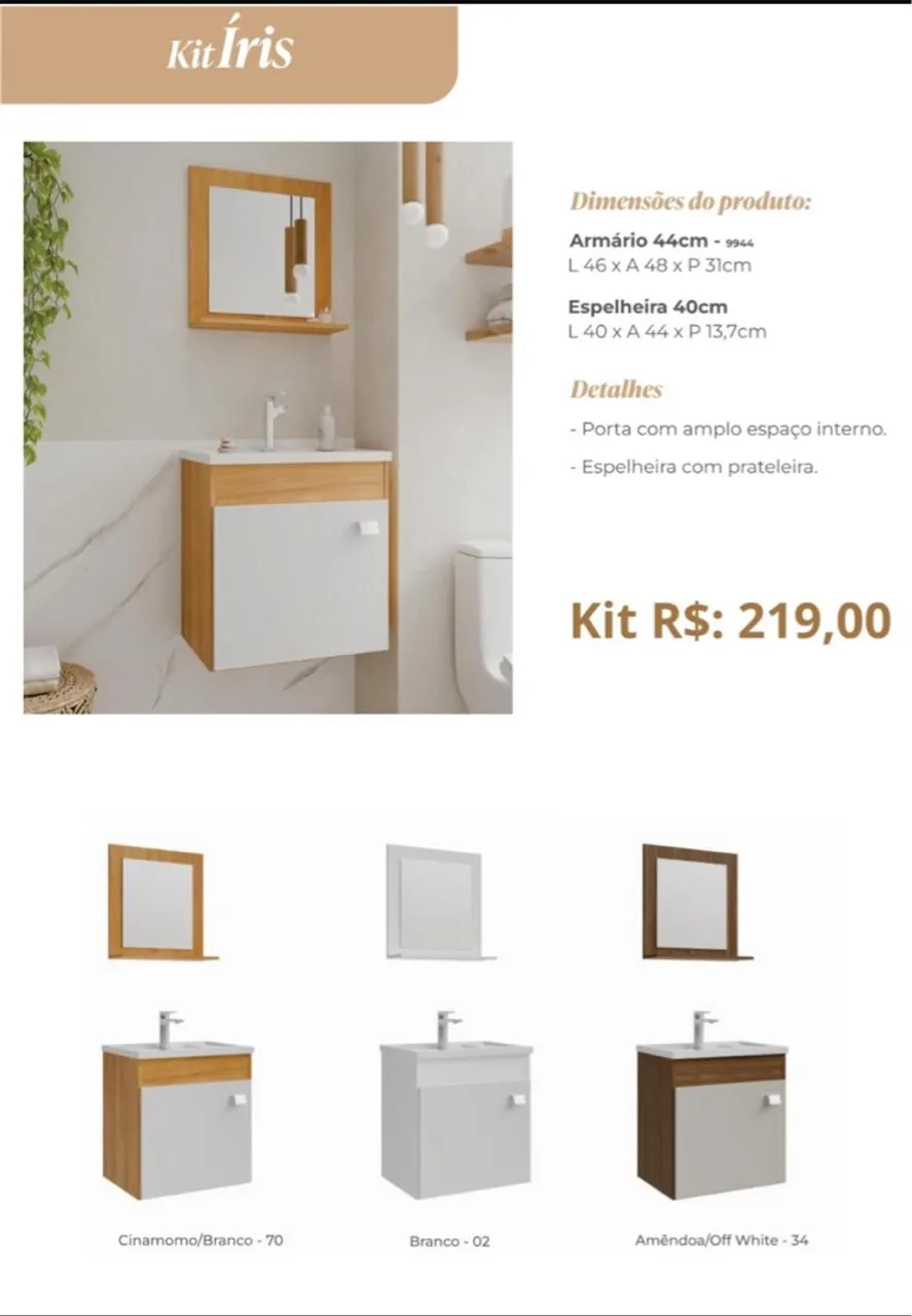 Kit Iris para Banheiro com Armário e Espelheira