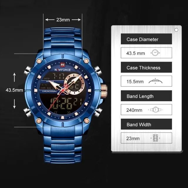 Relógio Digital / Analógico NAVIFORCE 9163: Luxo AZUL a seu Alcance Masculino charmoso. - Foto 3