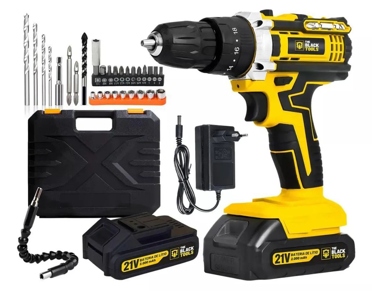 Parafusadeira furadeira 21V sem fio com maleta e acessórios - Black Tools