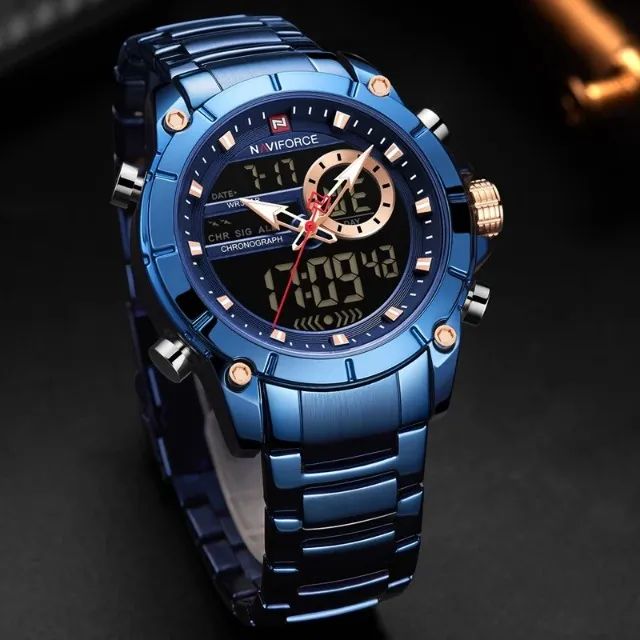 Relógio Digital / Analógico NAVIFORCE 9163: Luxo AZUL a seu Alcance Masculino charmoso.