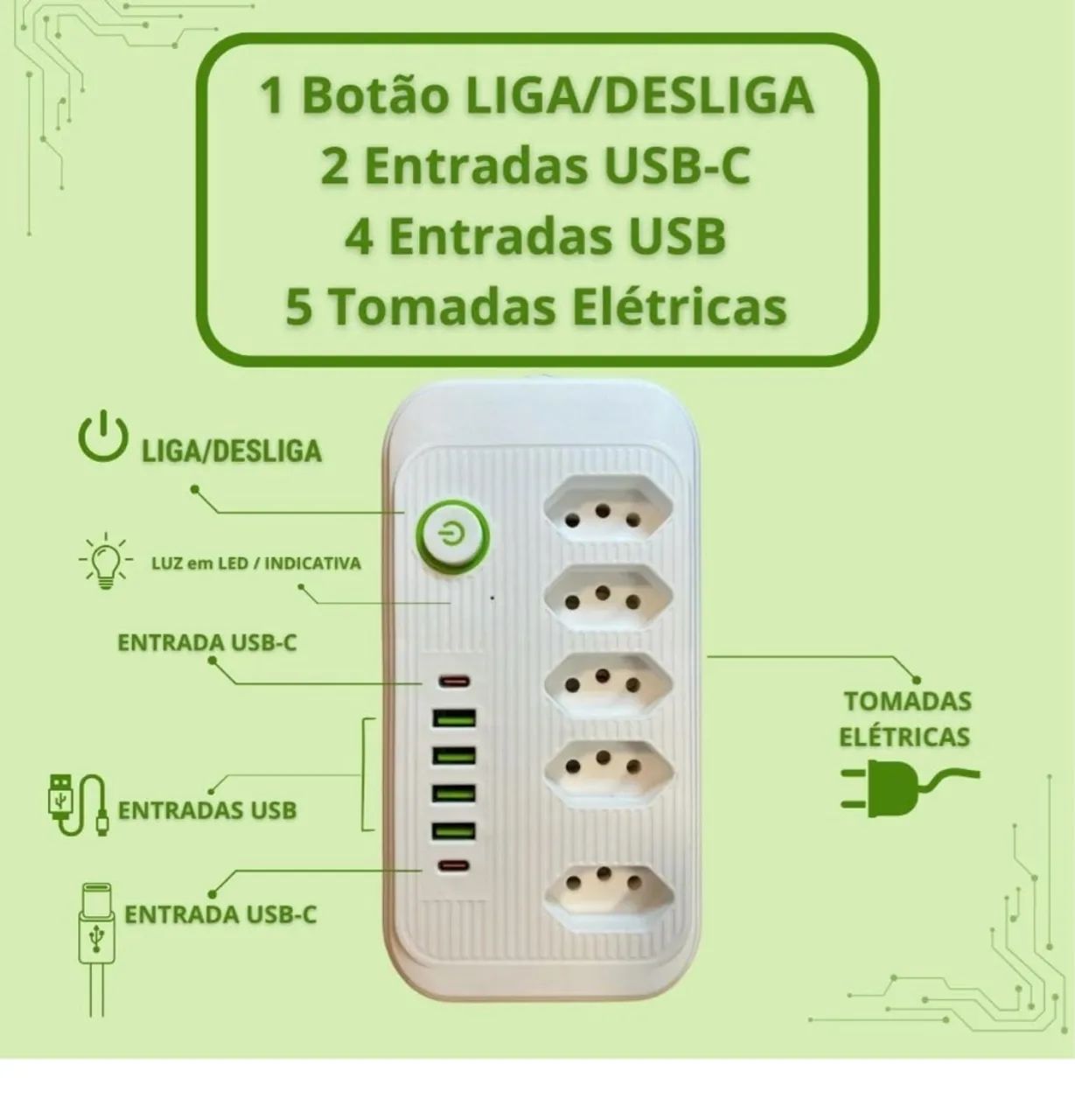 Tomada - Extensão  com USB-C e USB