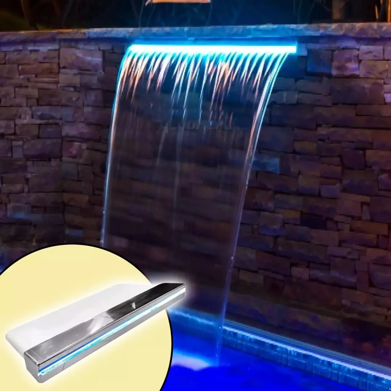 Cascata Led RGB em Inox 304 para piscina - Embutir Lamina curta 120cm