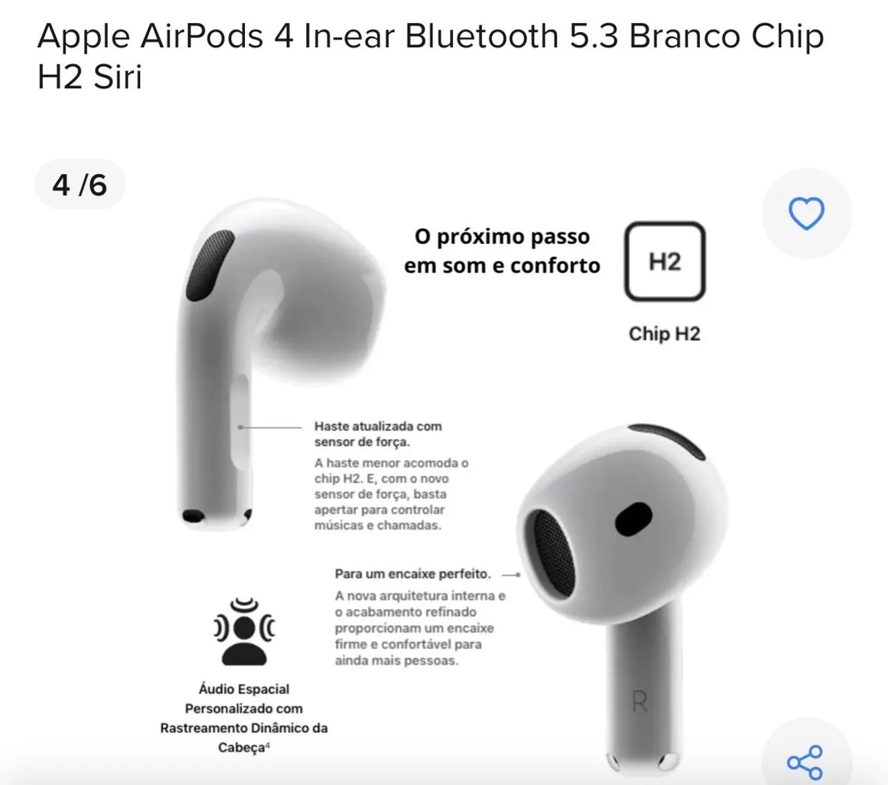 Apple AirPods 4 In-ear Bluetooth 5.3 Branco Chip H2 Siri