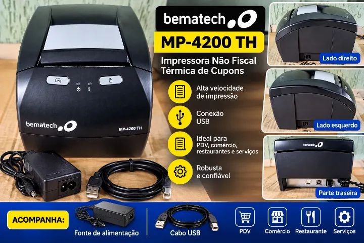 Impressora Térmica Bematech MP-4200 TH USB + Fonte e Cabo