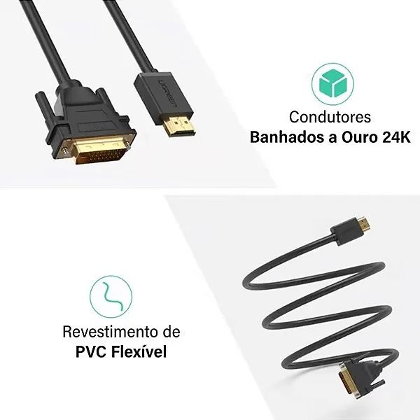 Cabo HDMI para DVI (Macho) Resolução 1080P 60Hz com 2 Metros - Ugreen - Foto 3