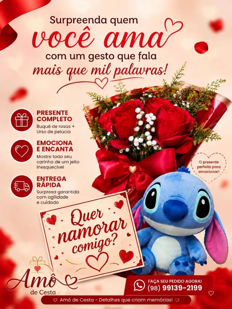 Pelúcia do Stitch Com Buquê de Rosas Vermelhas. 