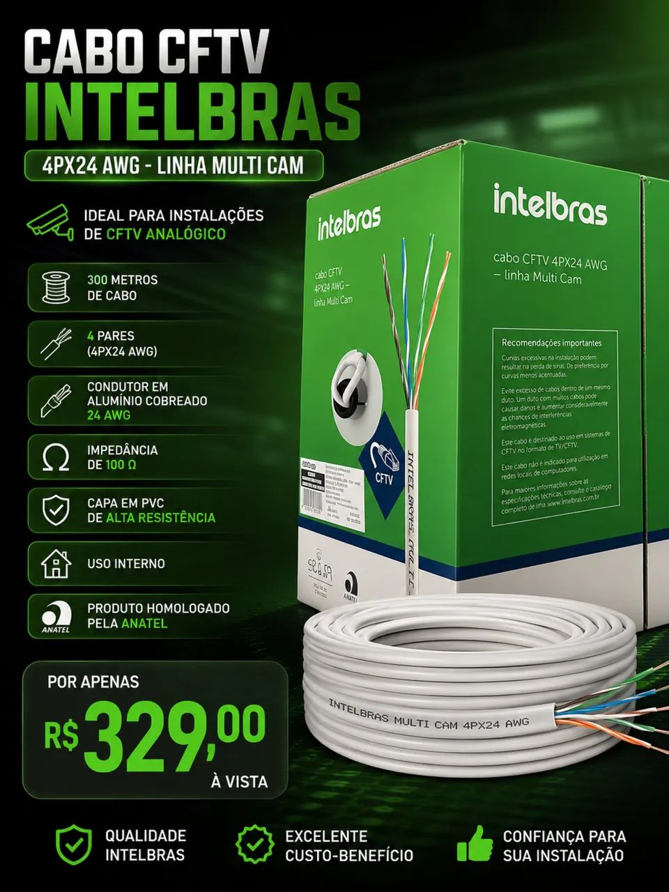 Cabo UTP de Rede CFTV Intelbras Multi Cam 4PX24 AWG