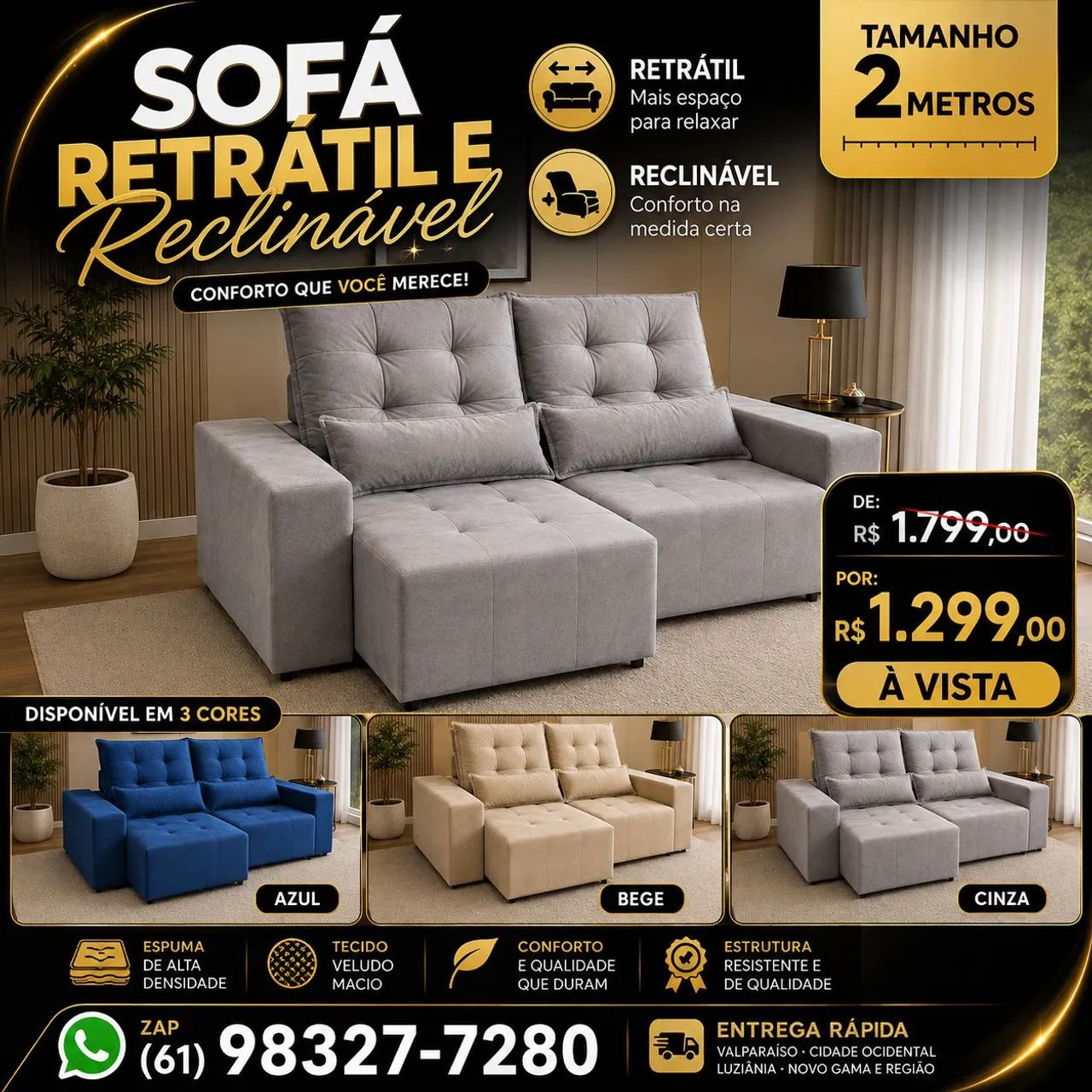 sofá retrátil e reclinável 2 metros 