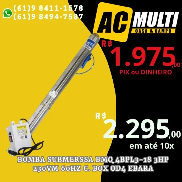 bomba submerssa PALITO CANETA  BMQ 4BPL3-18 3HP 230VM 60HZ C. BOX OD4 EBARA