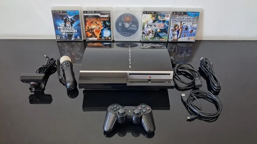Playstation Ps3 Fat, 80 Gb, Kit Movie, Jogos Bem Completo Preto