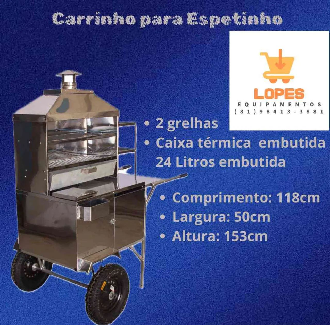 Carrinho de espetinho inox com 2 grelha e churrasqueira a carvão em até 10x sem juros 