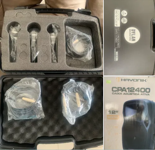 SEMI-NOVOS: 3 MICROFONES E CABOS E MALETA, CAIXA DE SOM