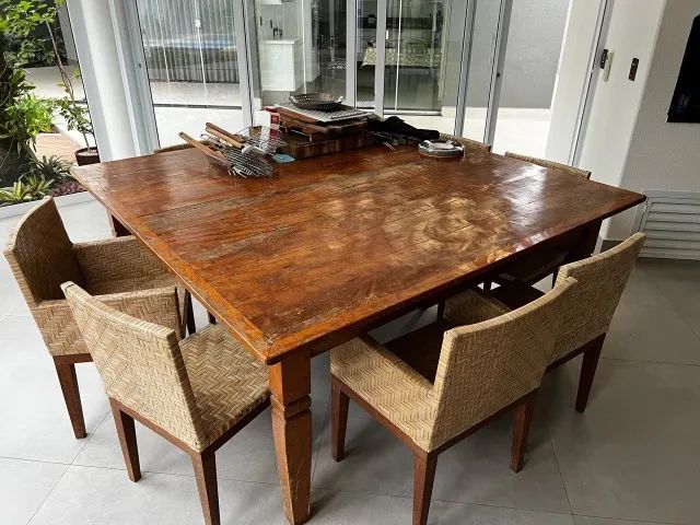 Mesa de Jantar Quadrada de Madeira de Demolição Maciça Ideal Área Gourmet Churrasqueira - Foto 3